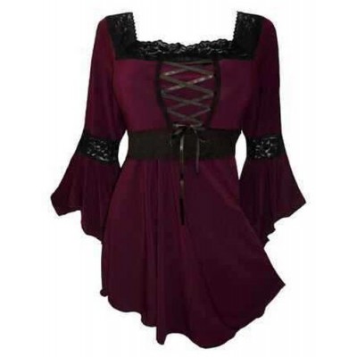 Stylish Long Sleeve Lace Spliced Lace-Up Blouse For Women purple