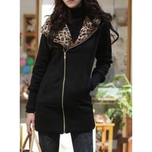 Stylish Long Sleeve Leopard Zippered Hoodie For Women black