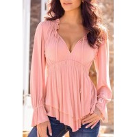 Stylish Plunging Neck Long Flare Sleeve Solid Color Elastic Waist Blouse For Women pink