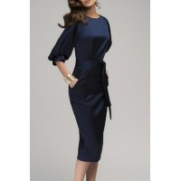 Stylish Round Collar 3/4 Sleeve Pure Color Pocket Design Dress For Women blue