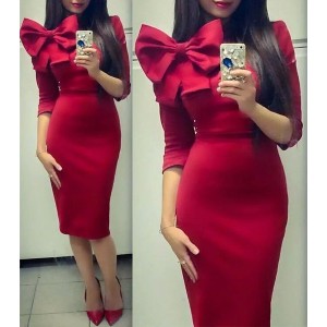 Stylish Round Collar 3/4 Sleeve Solid Color Bowknot Design Dress For Women red