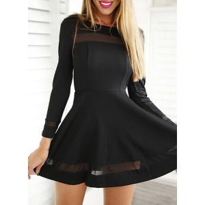 Stylish Round Neck Long Sleeve A-Line Voile Spliced Dress For Women black