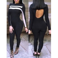 Stylish Round Neck Long Sleeve Spliced Cut Out Jumpsuit For Women black