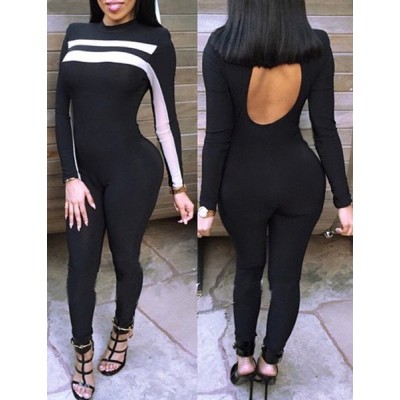 Stylish Round Neck Long Sleeve Spliced Cut Out Jumpsuit For Women black