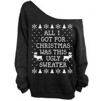 Stylish Skew Neck Snowflake and Elk Print Christmas Sweatshirt For Women  BLACK, GREEN, RED, ROSE
