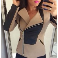 Stylish Turn-Down Collar Long Sleeve Color Block Slimming Jacket For Women black brown