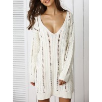 Trendy Plunge Neck Crochet Long Sleeve Sweater Dress