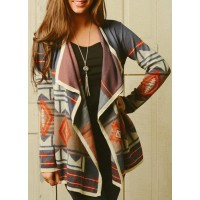 Trendy Turn-Down Neck Long Sleeve Geometric Pattern Cardigan For Women