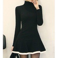 Turtleneck Long Sleeves Color Splicing Flounce Stylish Dress For Women black