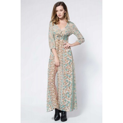 Vintage Style Plunging Neck 3/4 Sleeve Full Floral Print Elastic Waist Front Slit Women's Maxi Dress