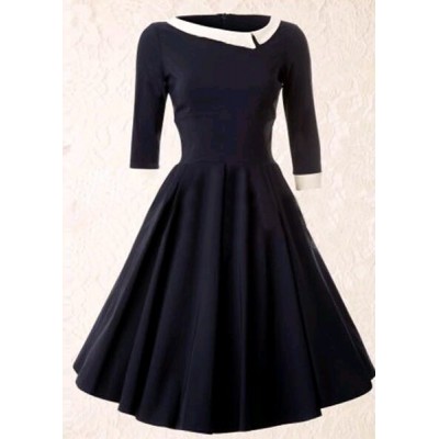 Vintage Style Scoop Neck 3/4 Sleeve HIt Color A-Line Dress For Women