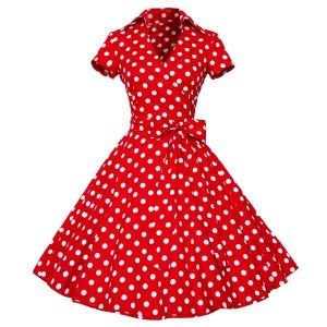 Vintage Women's V-Neck Polka Dot Print Short Sleeve Ball Dress