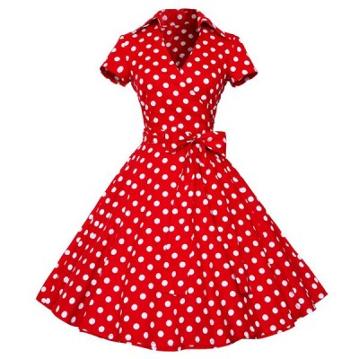 Vintage Women's V-Neck Polka Dot Print Short Sleeve Ball Dress