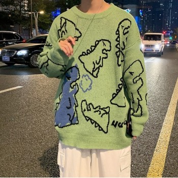 O-Neck Long Sleeve Women's Oversize Sweater Solid Dinosaur Printed Loose Casual Oversized Knitted Pullover