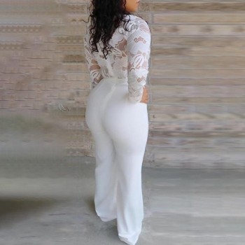 White Jumpsuit Women Lace Stitching Long Sleeve V-neck Wide Leg