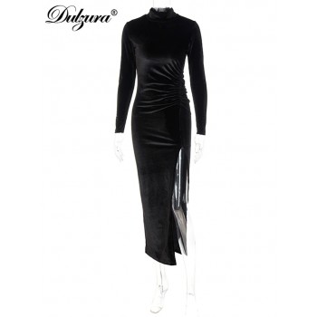 Women Solid Velvet Long Sleeve Ruched Midi Dress Side Slit Bodycon Black
