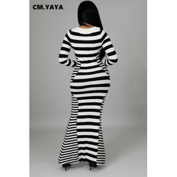 Women Striped Patchwork Plunging V-neck Long Sleeve Mermaid Maxi Dress 