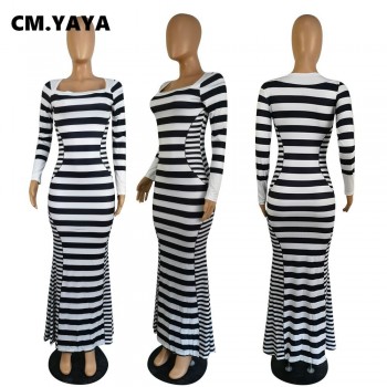 Women Striped Patchwork Plunging V-neck Long Sleeve Mermaid Maxi Dress 