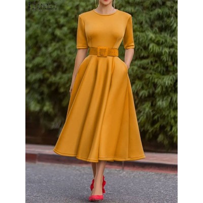 Short Sleeve Solid Loose Robe Midi Vestidos Elegant O Neck Dresses Casual High Waist Yellow