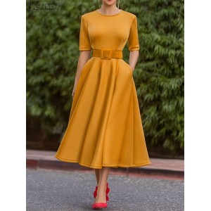 Short Sleeve Solid Loose Robe Midi Vestidos Elegant O Neck Dresses Casual High Waist Yellow