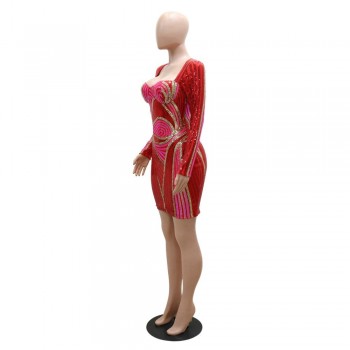 Elegant Geometric Print Bodycon Sequins Short Party Dress Womens Shiny Sequins 