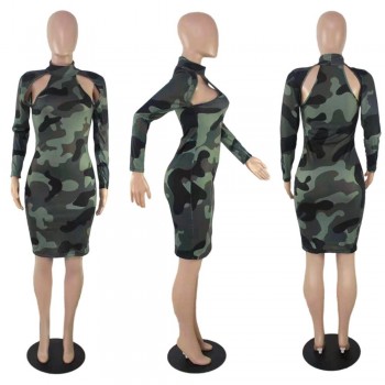Full Sleeve Hollow Out Camouflage Knee-length Dress for Women Sheath Elastic Turtleneck 