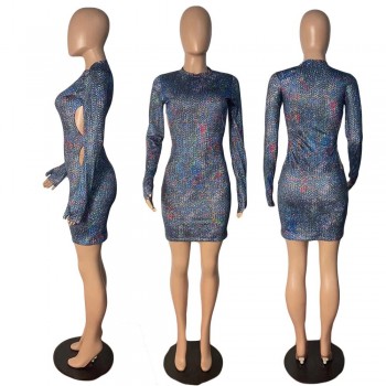 Women Sequins Cut Out Open Back Long Sleeve Bodycon Midi Mini Dress
