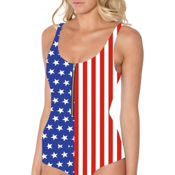 US DOLLAR Cash Printed Swimming Suit For Women American Flag Blue-Red One Piece Swimsuit With Zipper