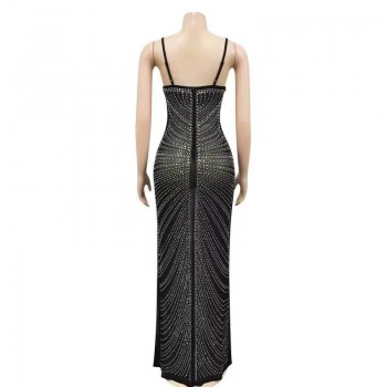 Sparkle Black Mesh Sheer Rhinestones Maxi Dress Gown Women Glam Spagetti Straps Crystal Party Dress
