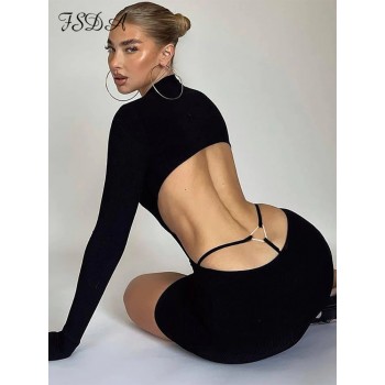 Backless Black Dress Women Long Sleeve Mini Sexy Knitted Bodycon Dresses 