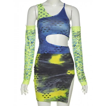 Women 3 Piece Set Tank Top+Dress+Gloves Matching Tie Dye Print Hollow Irregular