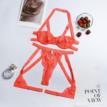 Neon Orange Erotic Lingerie Transparent Lace Underwear 3-Piece Exotic Costumes