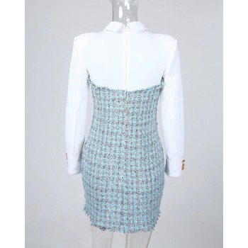  Elegant Work Office Lady Long Sleeve Patchwork Buttoned Tweed Bodycon Mini Party Dress 