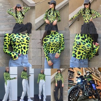 Long Sleeve Leopard Skin Prinetd Bodysuit Sexy Neon Green Streetwear