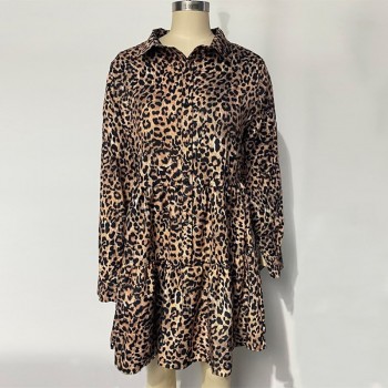 Leopard Print Ruffle Shirt Dress For Women Autumn Casual Long Sleeve