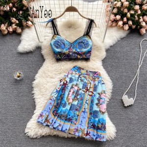 Two Piece Set Summer Suit For Women Printed Crop Top Sexy Suits With Pleated Skirt
