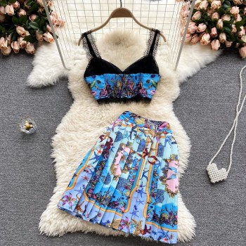 Two Piece Set Summer Suit For Women Printed Crop Top Sexy Suits With Pleated Skirt