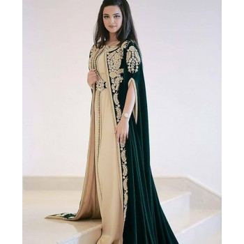 Dark Green Moroccan Caftans Evening Dresses Embroidery Appliques Elegant Long Formal Dress Dubai 