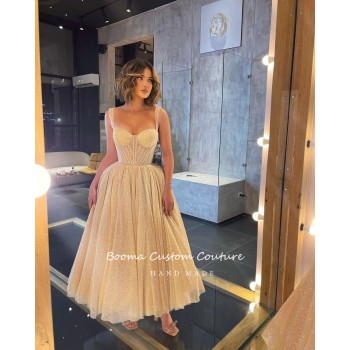 Champagne Glitter Tulle Midi Prom Dresses Spaghetti Straps Sweetheart Exposed Boning Tea-Length Formal Wedding Party Dress