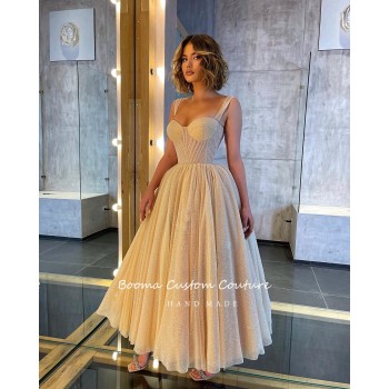 Champagne Glitter Tulle Midi Prom Dresses Spaghetti Straps Sweetheart Exposed Boning Tea-Length Formal Wedding Party Dress