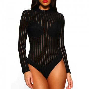 Black Mesh Sprited Print Sexy See-through Skinny Bodysuit Long Sleeve Lady High Neck 