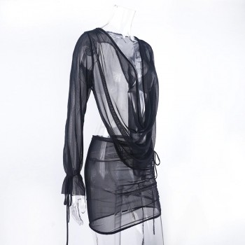 2 Piece Set Deep V-neck Long Sleeve Backless Tops + Drawstring Mini Skirt Mesh Lace Up Beach Suits