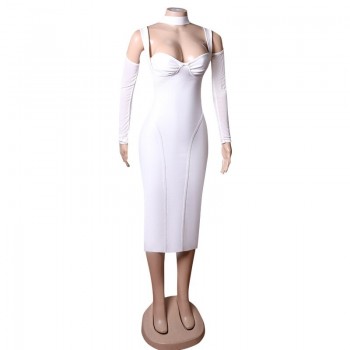 Women Summer Style Sexy Key Hole Long Sleeve Mesh White Midi Bodycon Bandage Dress