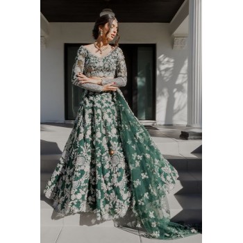 Emerald Green and Gold Lehenga Traditional Wedding Dresses Long sleeve Indian Two Pieces Lace