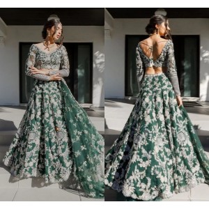 Emerald Green and Gold Lehenga Traditional Wedding Dresses Long sleeve Indian Two Pieces Lace