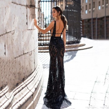  Black Mermaid Evening Dress Sexy V Neck Backless Crystal Beaded Formal Prom dresses Special Occasion