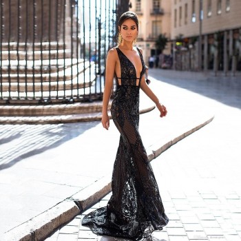  Black Mermaid Evening Dress Sexy V Neck Backless Crystal Beaded Formal Prom dresses Special Occasion