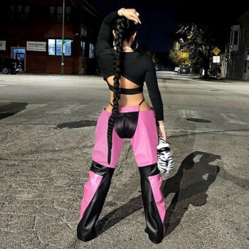 Colorblock PU Leather Pants Streetwear Women Cut Out Low Rise Straight Pants Rave Pink