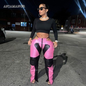 Colorblock PU Leather Pants Streetwear Women Cut Out Low Rise Straight Pants Rave Pink