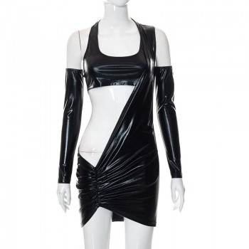 Irregular Bright Black 3 Piece Set Women Sexy Chest Wrap Vest Oversleeve and Pleated Mini Dress